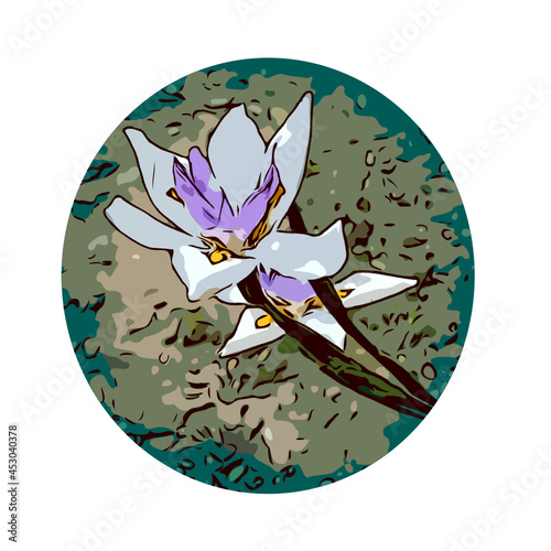WPA poster art of an iris flower set inside circle  done in works project administration or federal art project style.