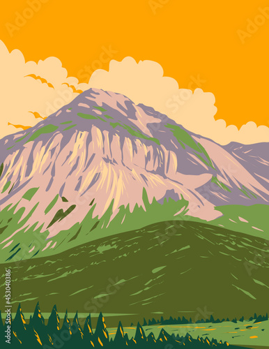 Art Deco or WPA poster of Swiss National Park with Piz Nair and Buffalora in the Western Rhaetian Alps in eastern Switzerland done in works project administration style. photo