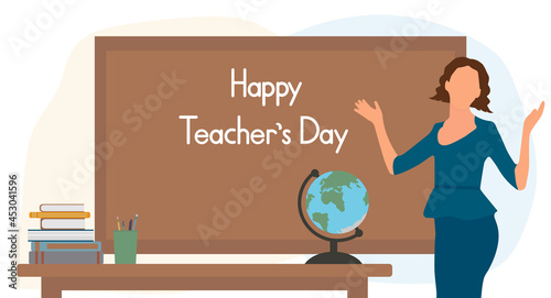 Wallpaper Mural Beautiful female teacher waves hands to sides with joy near blackboard. Teacher's Day. Vector illustration Torontodigital.ca