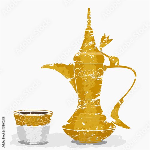 Editable Side View Traditional Arabic Coffee with Dallah Pot and Finjan Demitasse Cup Vector Illustration in Brush Strokes Style for Cafe Related Design or Arab History and Tradition Culture