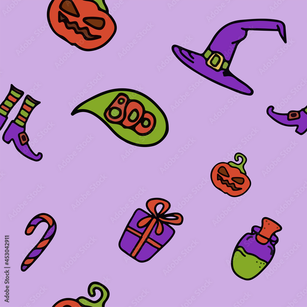 vector seamless Doodle Halloween pattern Colorful cartoon cliparts, symbols
