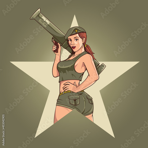 WW2 pin up girl Big Gun Lover Star emblem vector illustration for brand, poster, design element, t-shirt print, or any other purpose.