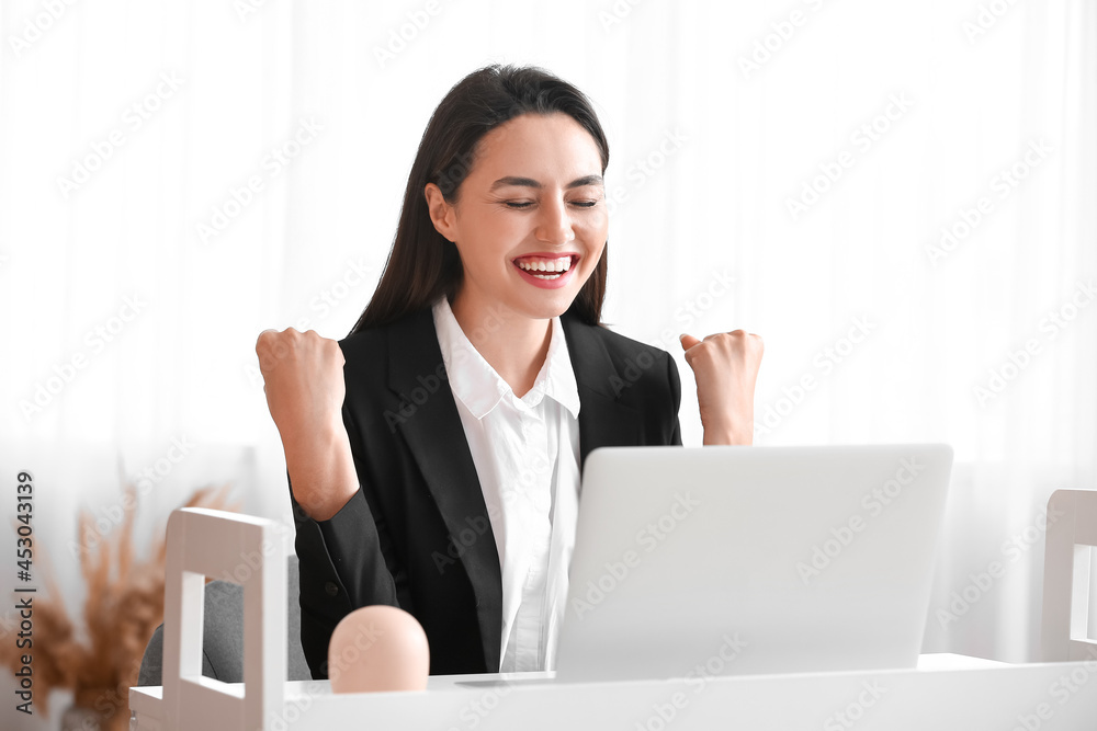 Happy young woman having interview online at home Happy young woman having interview online at home