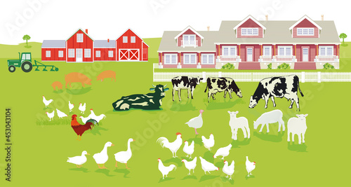 Bauernhof mit Landhaus und Bauernhoftiere Illustration