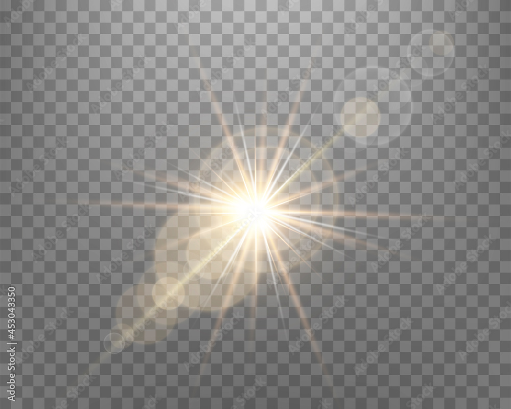 Obraz premium Sunlight lens flare, sun flash with rays and spotlight. Gold glowing burst explosion on a transparent background. .Vector illustration.