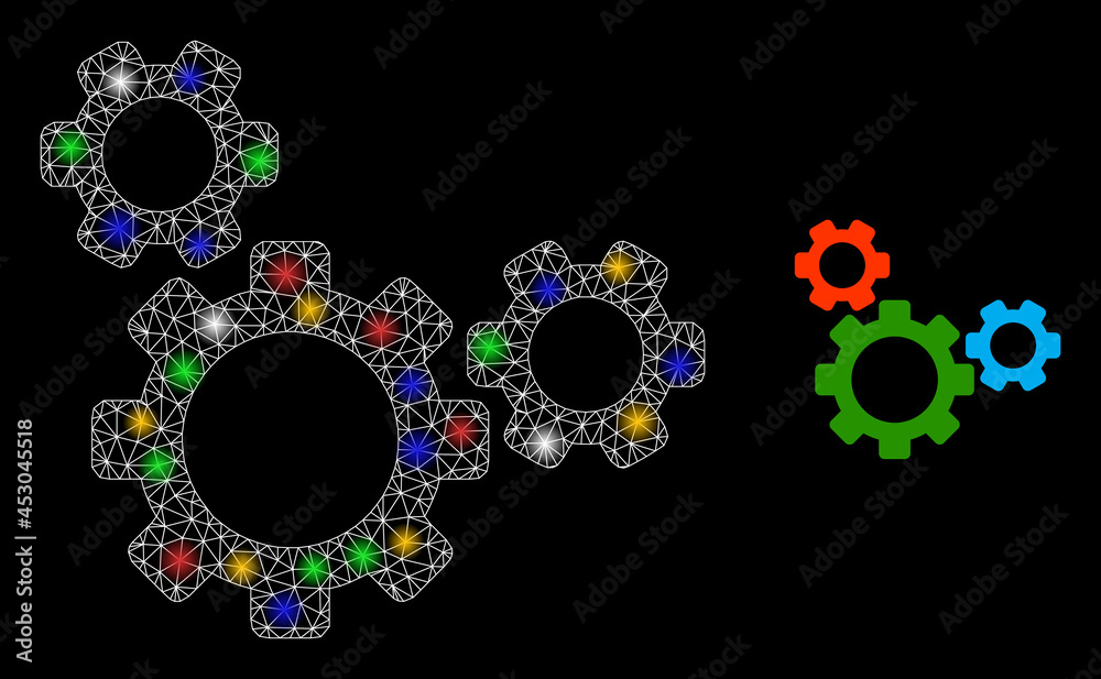 Flare mesh net top gear with colorful flash nodes. Constellation vector mesh created from top gear pictogram. Sparkle frame mesh top gear, on a black backgound. Flare mesh net top gear with colorful flash nodes. Constellation vector mesh created from top gear pictogram. Sparkle frame mesh top gear, on a black backgound.