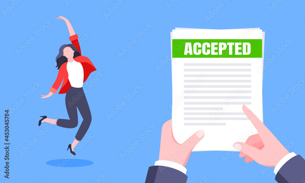 Job or university acceptance letter with envelope and paper sheets document email. Employment offer, college acceptance success or business email form flat style design vector illustration.
