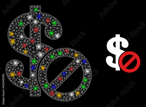 Glowing mesh web forbidden dollar with multicolored light dots. Constellation vector framework created from forbidden dollar icon. Sparkle constellation wired forbidden dollar, on a black backgound.