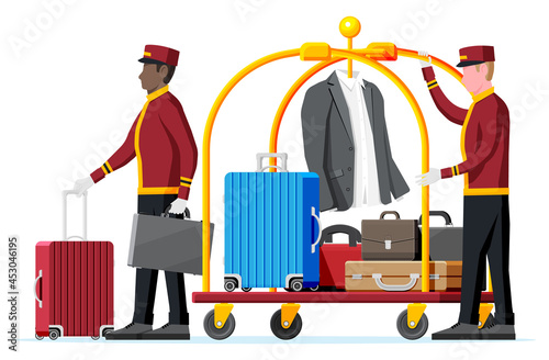 Hotel Luggage Cart and Bellhop Character. Bellboy Worker with Hotel Baggage Trolley With Bags Isolated. Handtruck for Transportation in Hotel. Vacation and Travel. Flat Vector Illustration