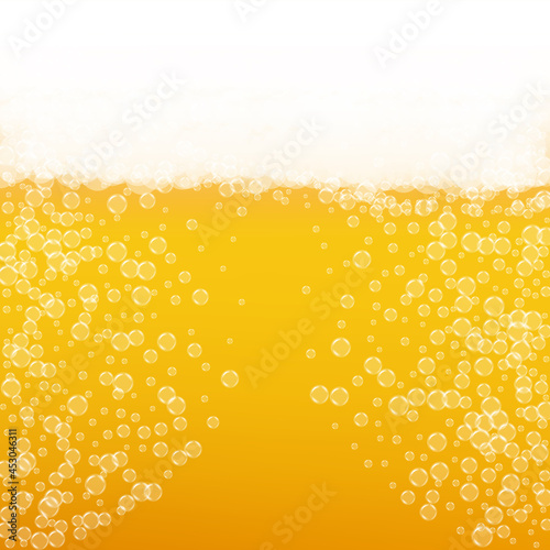 Oktoberfest background. Beer foam. Craft lager splash. Pale pint of ale with realistic bubbles. Cool liquid drink for pub. Yellow menu concept. Golden bottle for beer background.