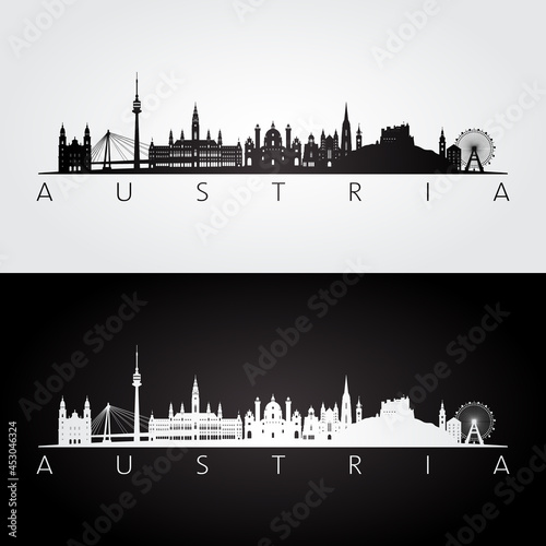 Austria skyline and landmarks silhouette, black and white design, vector illustration.