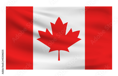 Realistic National flag of Canada. Current state flag made of fabric. Vector illustration of lying wavy cloth in national colors of Canada.