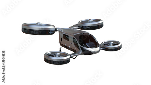 Drone taxi flying between buildings in city, Future transportation technology, 4k animation.
