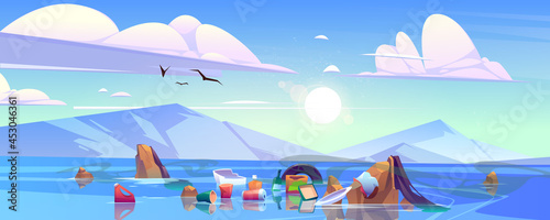 Plastic garbage on ocean water surface. Sea landscape with different trash and wastes floating. Ecology pollution, save nature and environment protection eco concept, Cartoon vector illustration