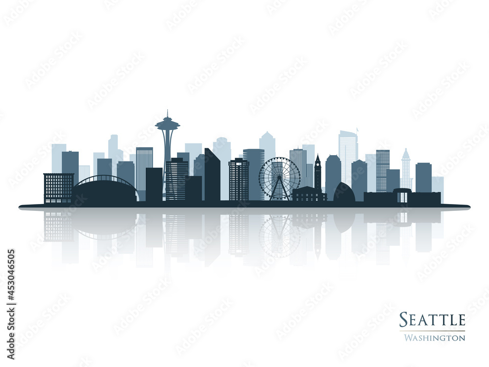Seattle skyline silhouette with reflection. Landscape Seattle, Washington. Vector illustration.