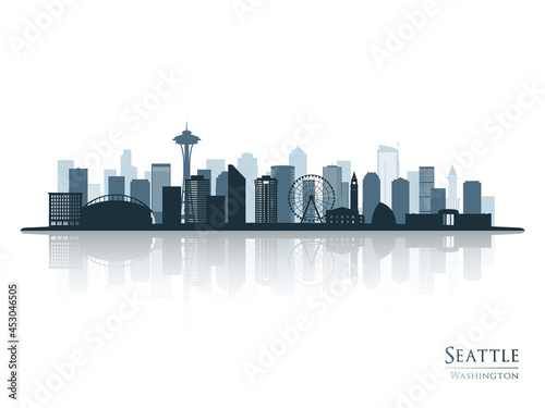 Seattle skyline silhouette with reflection. Landscape Seattle  Washington. Vector illustration.