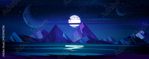 Night ocean landscape, full moon and stars shine in sky above water surface reflecting starlight. Dark heaven with moonlight romantic fantasy midnight twilight background Cartoon vector panoramic view