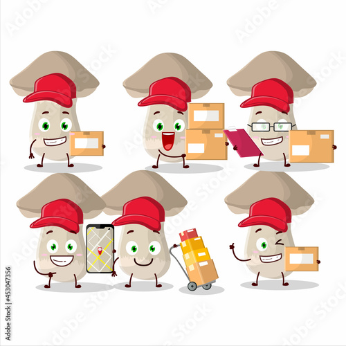 Cartoon character design of toadstool working as a courier