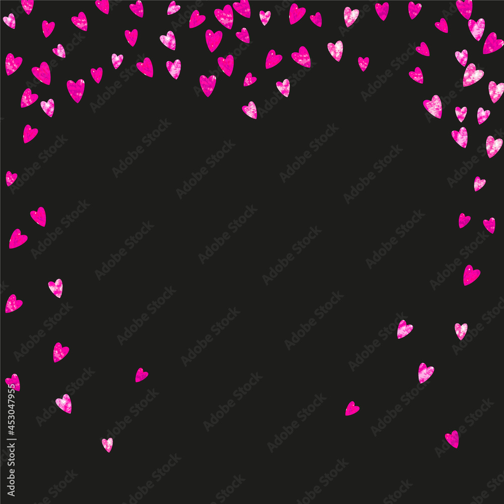Valentines day card with pink glitter hearts. February 14th. Vector confetti for valentines day card template. Grunge hand drawn texture. Love theme for voucher, special business ad, banner.