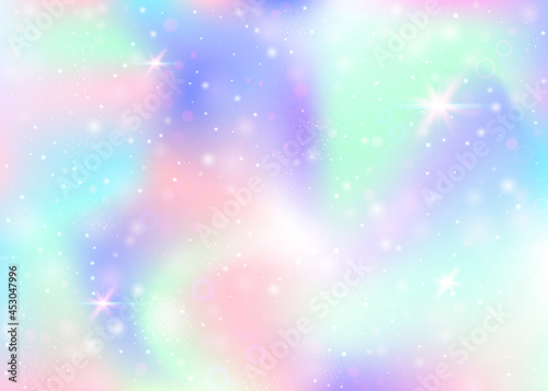 Holographic background with rainbow mesh. Kawaii universe banner in princess colors. Fantasy gradient backdrop with hologram. Holographic unicorn background with fairy sparkles, stars and blurs.