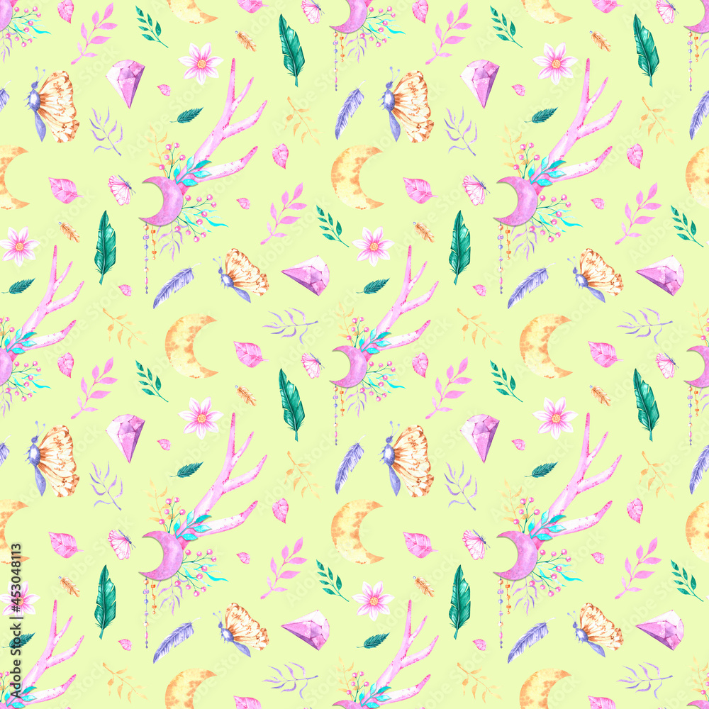 Seamless boho pattern with flowers, moon, horns and crystals 4