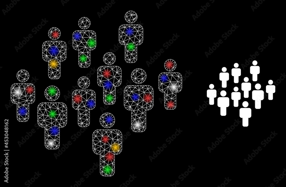 Glare mesh net people crowd with colorful glowing spots. Illuminated vector mesh created from people crowd pictogram. Sparkle constellation mesh people crowd, on a black backgound. Glare mesh net people crowd with colorful glowing spots. Illuminated vector mesh created from people crowd pictogram. Sparkle constellation mesh people crowd, on a black backgound.