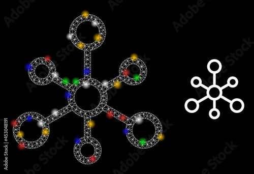 Bright mesh network system links with vibrant light dots. Illuminated vector mesh created from system links symbol. Sparkle carcass mesh system links, on a black backgound.