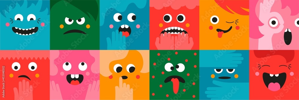 Fototapeta premium Square abstract funny, cute, comic cartoon faces.