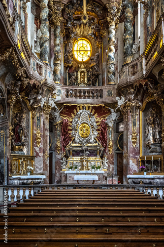 Interior of the baroque Asam Church, Asamkirche in Munich, Germany