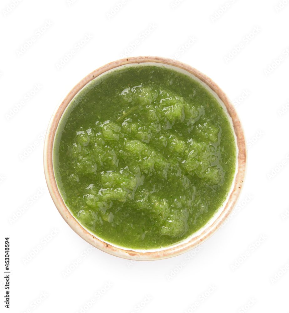 Bowl of Tomatillo Salsa Verde sauce on white background Bowl of Tomatillo Salsa Verde sauce on white background