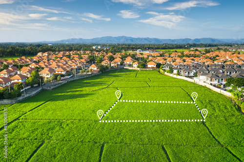 Land plot in aerial view. Gps registration survey of property, real estate for map with location, area. Concept for residential construction, development. Also home or house for sale, buy, investment.