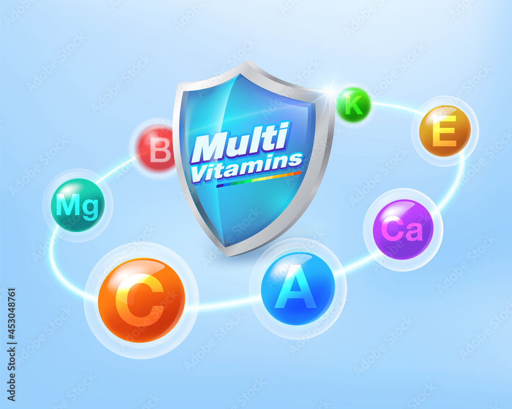 Wall Mural Multivitamin inspiration Protect the body and stay healthy, vitamins shield icon concept