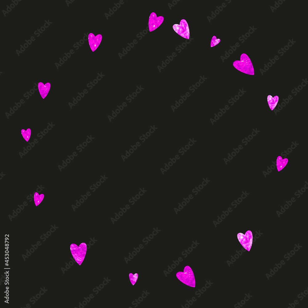 Heart border for Valentines day with pink glitter. February 14th day. Vector confetti for heart border template. Grunge hand drawn texture. Love theme for party invite, retail offer and ad.