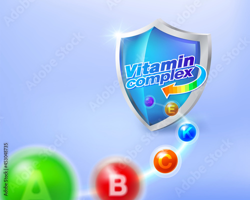 The concept of the vitamin complex is directed towards the blue glass shield. Means get power from multivitamin tablets. Advertisement for health products, packaging.