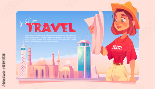 Just go travel cartoon banner. Tourist girl learning map on cityscape background with modern and antique buildings, towers and mosque. Traveler woman hiking adventure, journey vector illustration