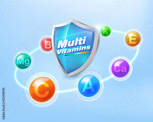 Multivitamin inspiration Protect the body and stay healthy, vitamins shield icon concept. photo