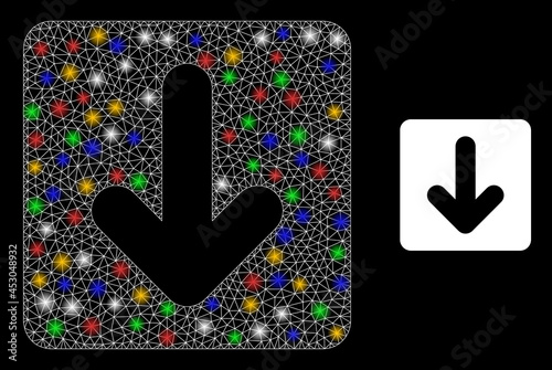 Glare mesh net down cursor with colorful light spots. Illuminated vector structure created from down cursor icon. Sparkle frame mesh down cursor, on a black backgound.
