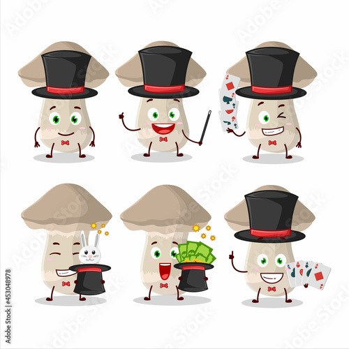 A toadstool Magician cartoon character perform on a stage