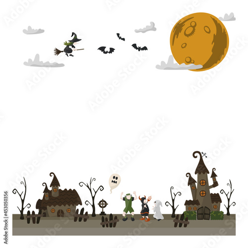 ハロウィンの夜に仮装する人々と月夜の風景