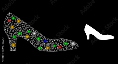 Shiny mesh web lady shoe with colored light spots. Illuminated vector carcass created from lady shoe icon. Sparkle carcass mesh lady shoe, on a black backgound.