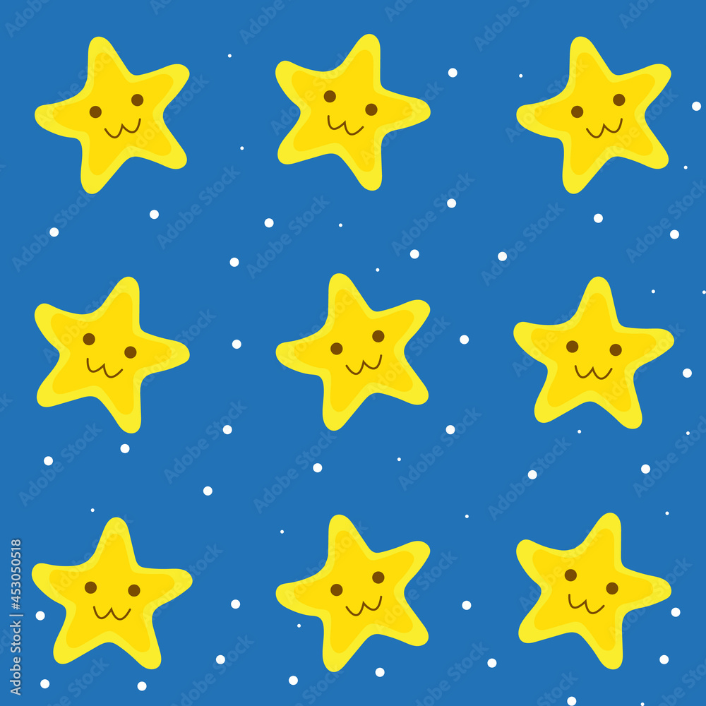 Happy cartoon cute stars with faces in a night sky seamless vector pattern