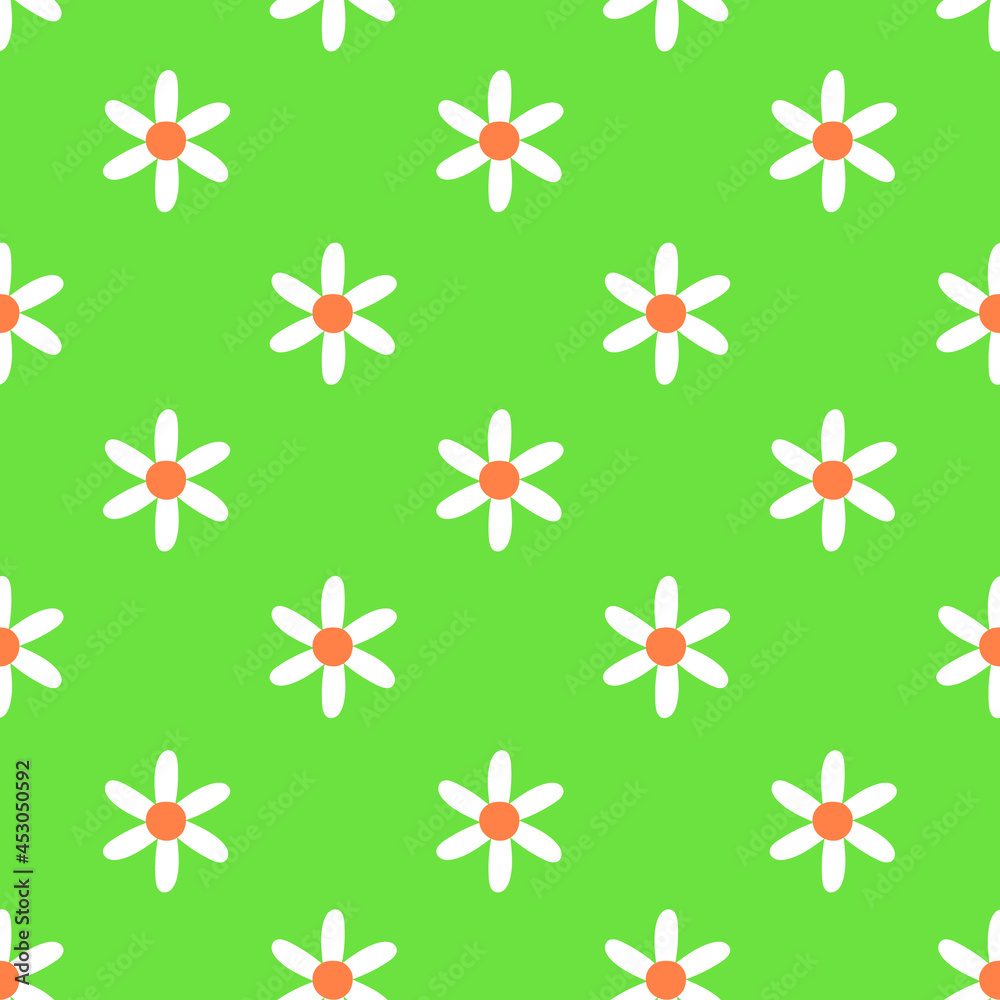 Vector white camomiles seamless pattern on a green background