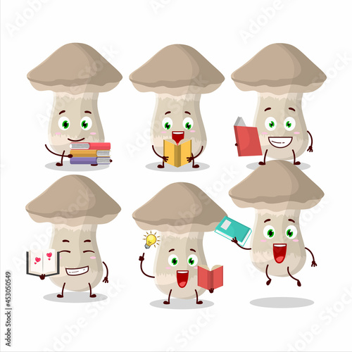 A picture of toadstool cartoon character concept reading an amusing book
