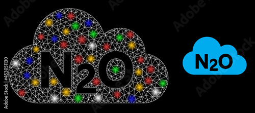 Flare mesh network nitrous oxide gas with multicolored light spots. Illuminated vector mesh created from nitrous oxide gas icon. Sparkle frame mesh nitrous oxide gas, on a black backgound.