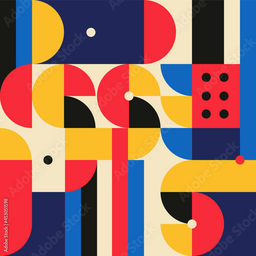 Abstract geometric mural colorful seamless pattern in Bauhaus style. minimalist geometric artwork with simple shapes and drawings. 