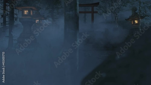 old japanese shrine with torii gate and stone lantern at night