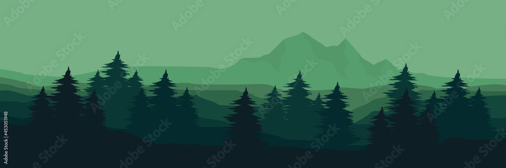 Fototapeta premium Forest mountain silhouette vector illustration for background, banner, backdrop, tourism design, apps background and wallpaper