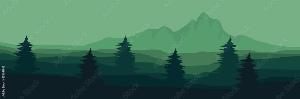 Fototapeta premium Forest mountain silhouette vector illustration for background, banner, backdrop, tourism design, apps background and wallpaper