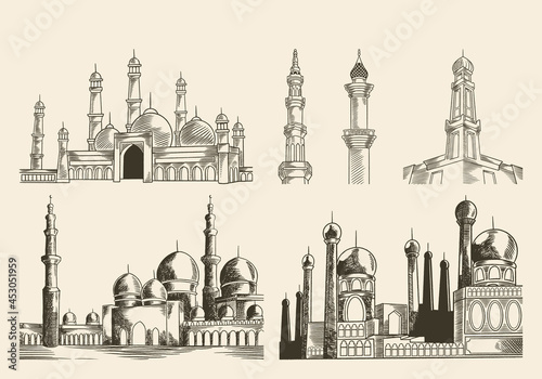 Mosque hand drawn set vintage style. Hand drawing mosque sketch drawing