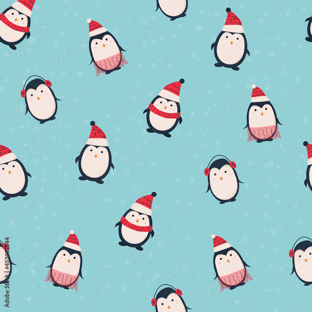 Seamless pattern with cute cartoon penguins